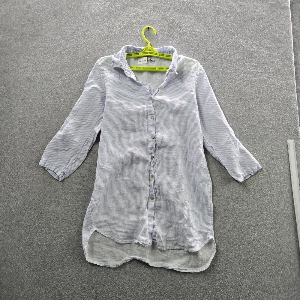 Rosemarie Women Button Up Shirt L Blue Linen Made Italy Striped Collared Tunic